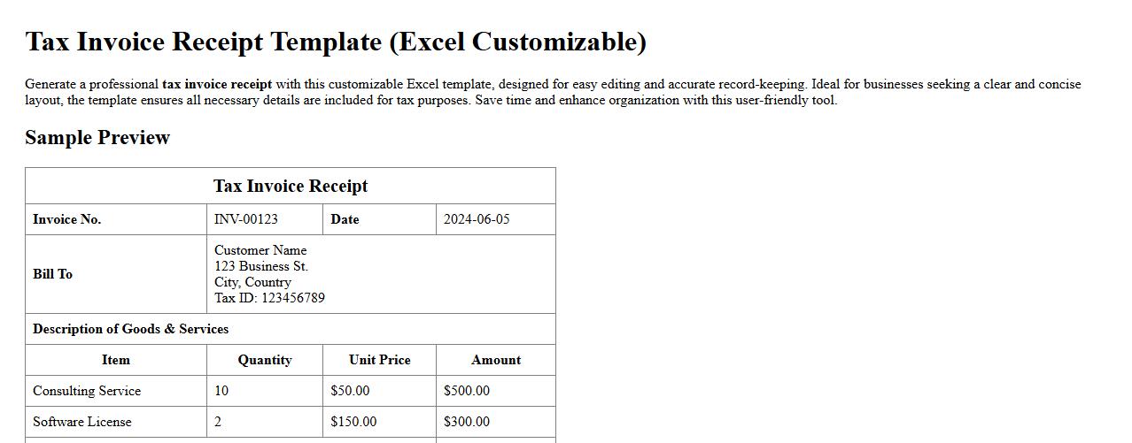 Tax invoice receipt template Excel customizable image preview
