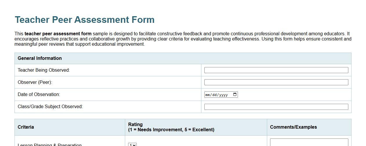 teacher peer assessment form sample for professional development image preview