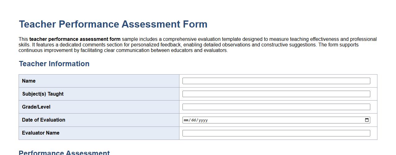Teacher performance assessment form sample with comments section image preview