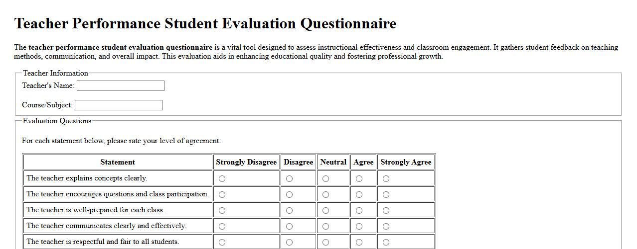 teacher performance student evaluation questionnaire image preview