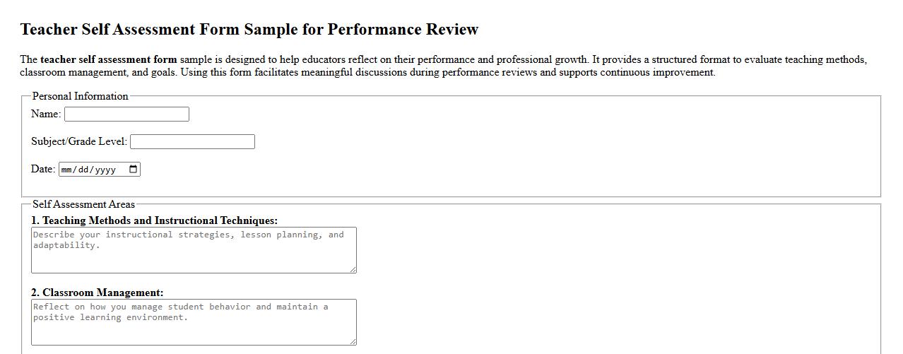 teacher self assessment form sample for performance review image preview