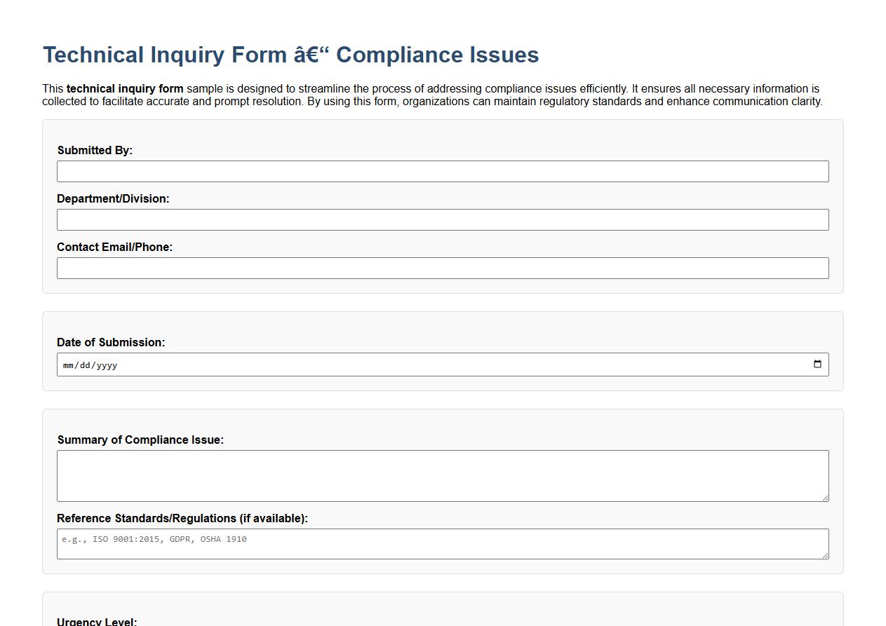 Technical inquiry form sample addressing compliance issues image preview