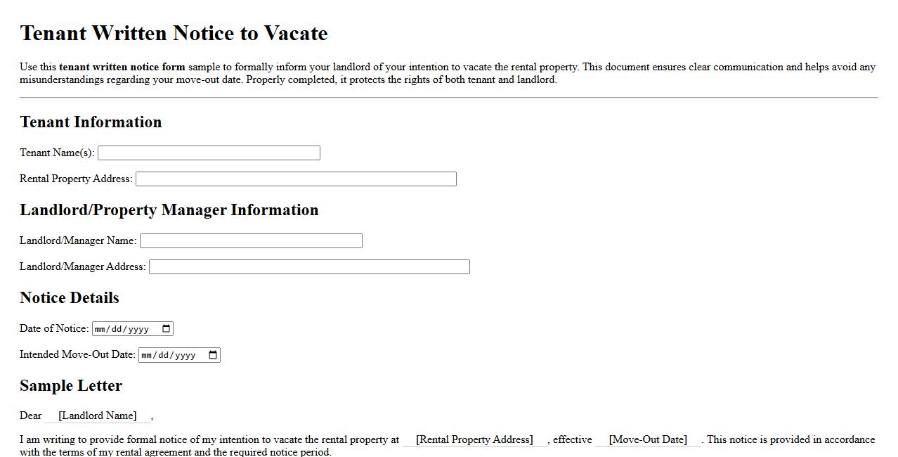 tenant written notice form sample to vacate image preview
