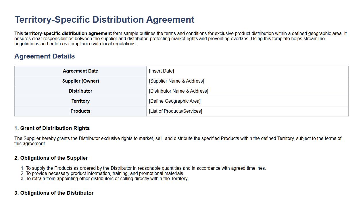 territory-specific distribution agreement form sample image preview
