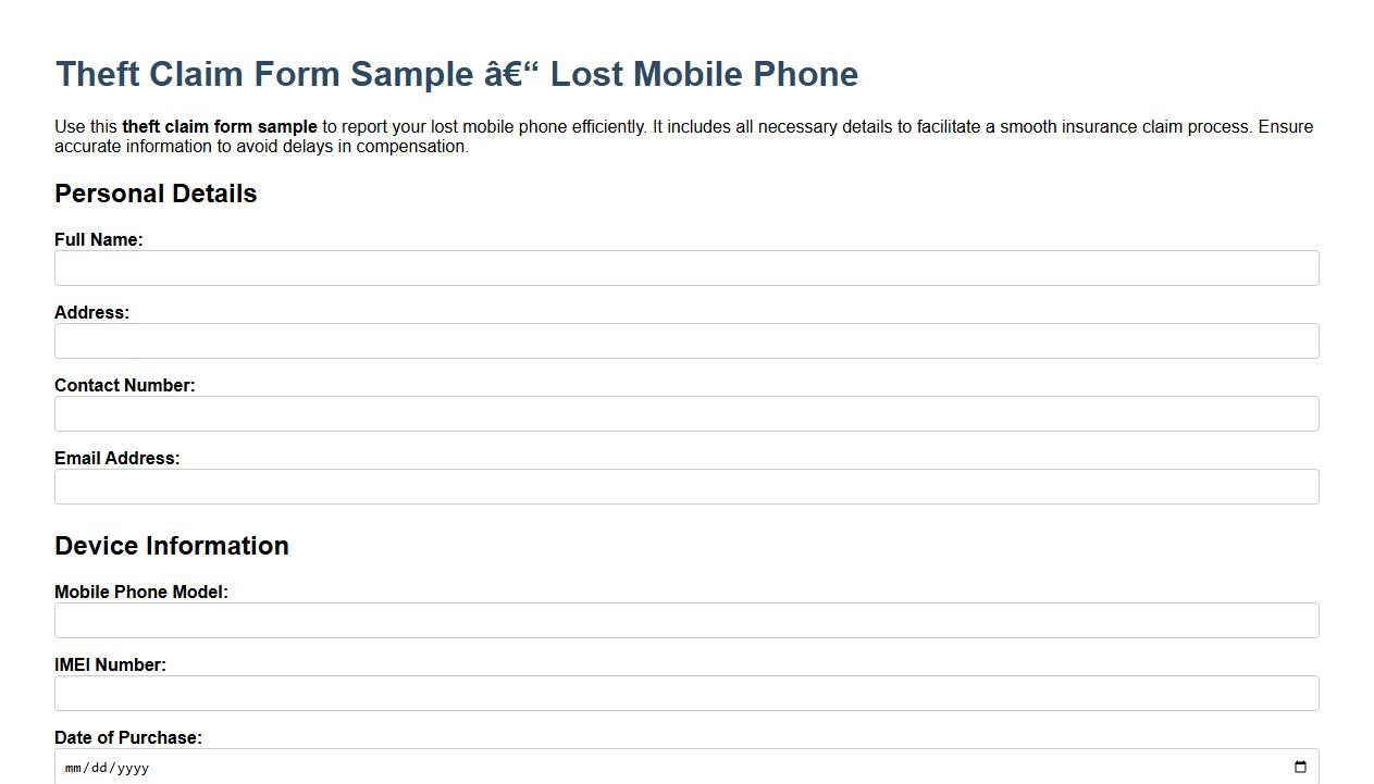 theft claim form sample for lost mobile phone image preview