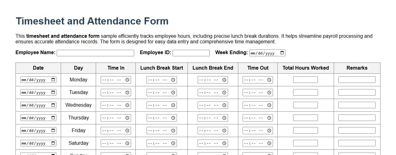 Timesheet and attendance form sample with lunch break tracking image preview