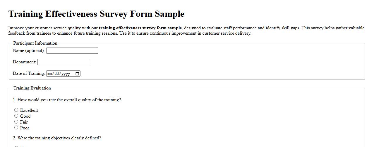 Training effectiveness survey form sample for customer service staff image preview