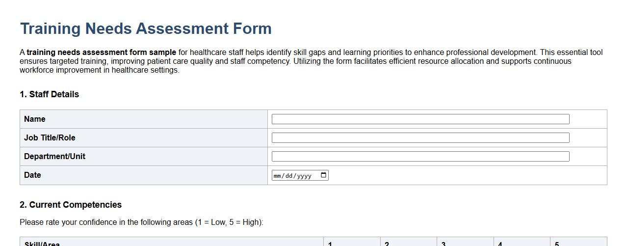 Training needs assessment form sample for healthcare staff image preview