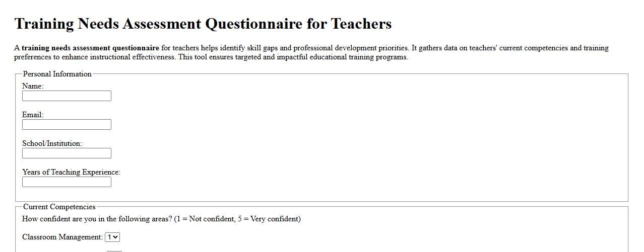 training needs assessment questionnaire for teachers image preview