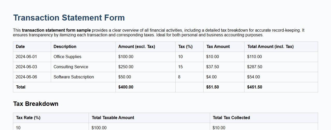 Transaction statement form sample including tax breakdown image preview