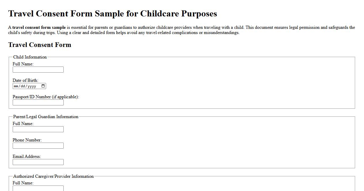 Travel consent form sample for childcare purposes image preview