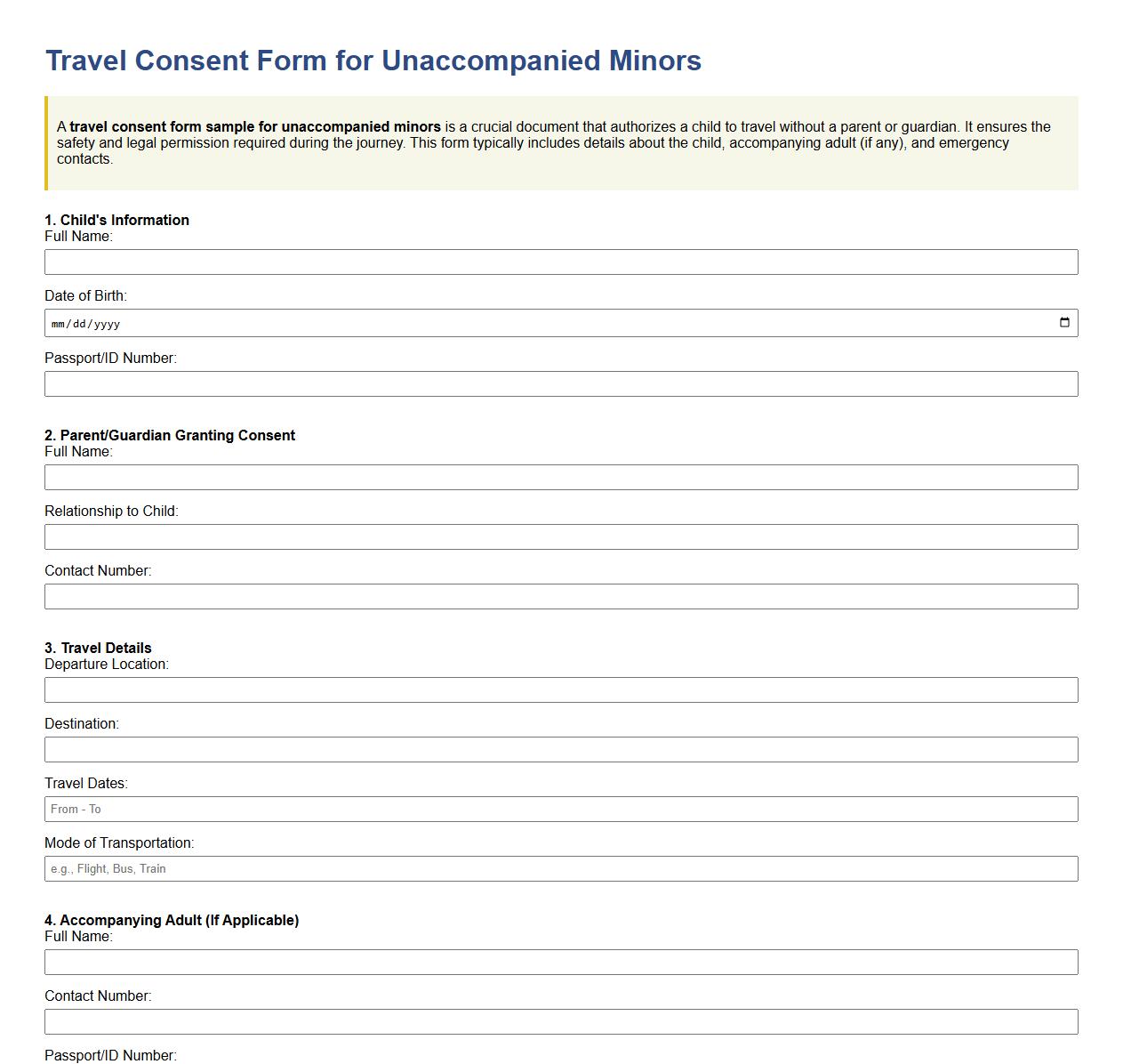 Travel consent form sample for unaccompanied minors image preview