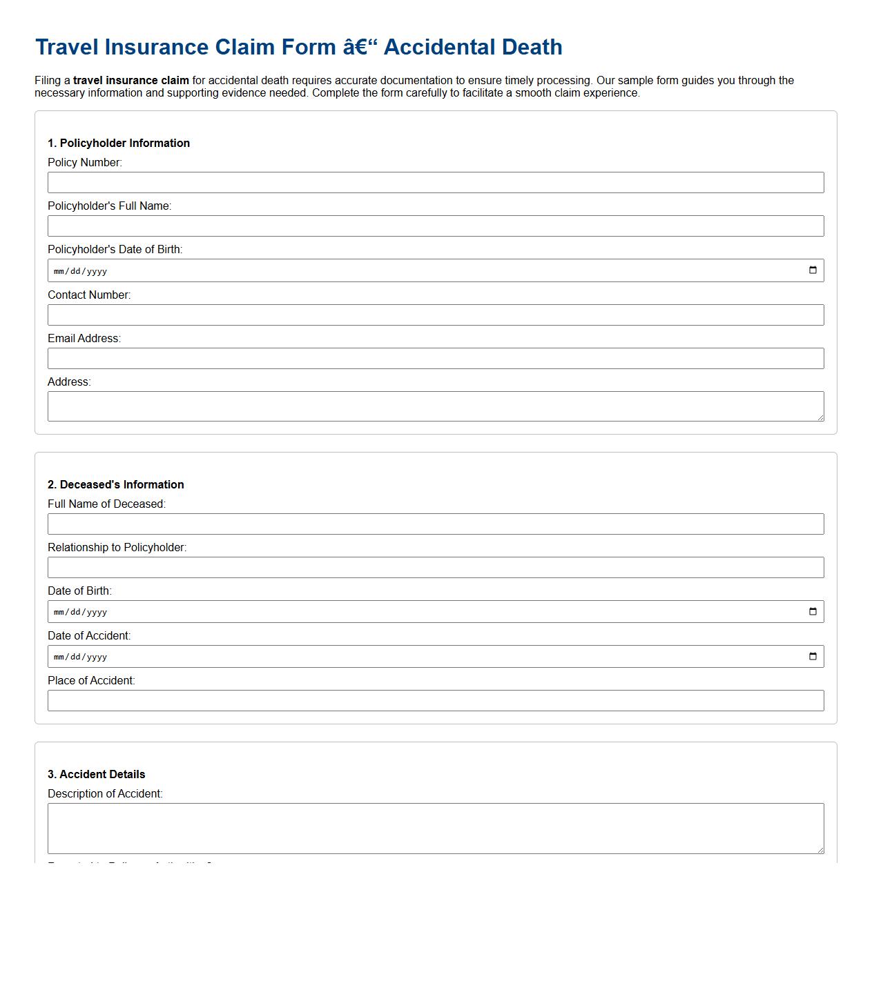 Travel insurance claim form sample for accidental death image preview