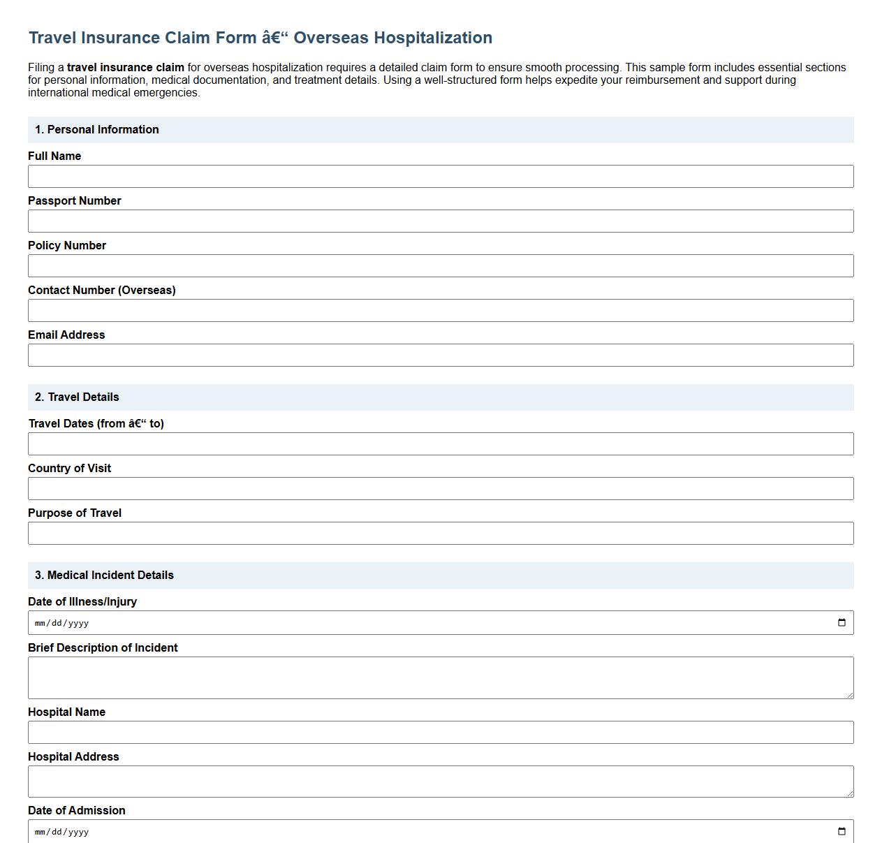 Travel insurance claim form sample for overseas hospitalization image preview
