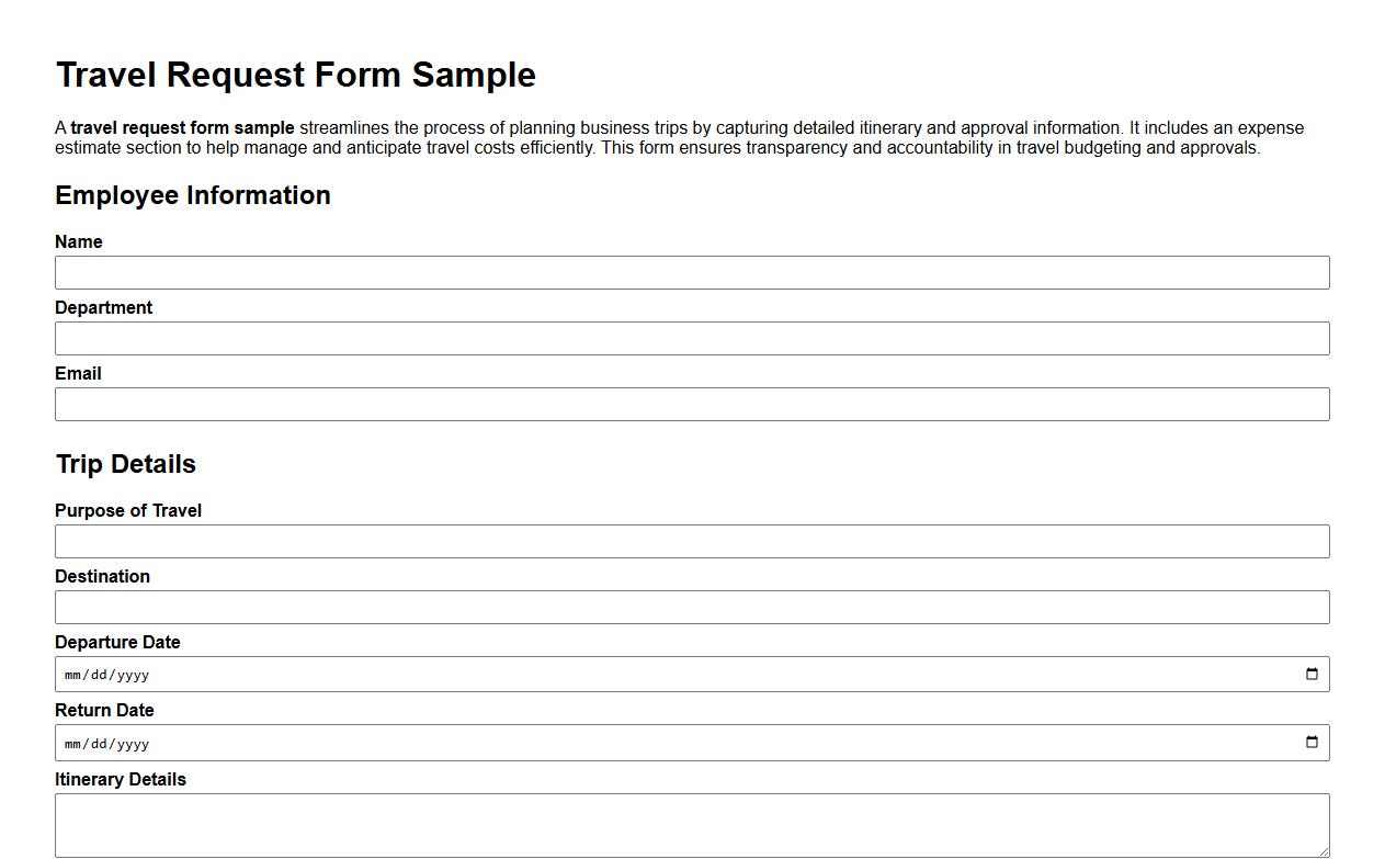 travel request form sample including expense estimate image preview