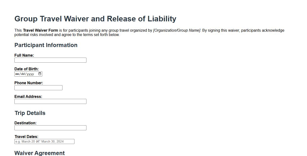 travel waiver form sample for group travel image preview