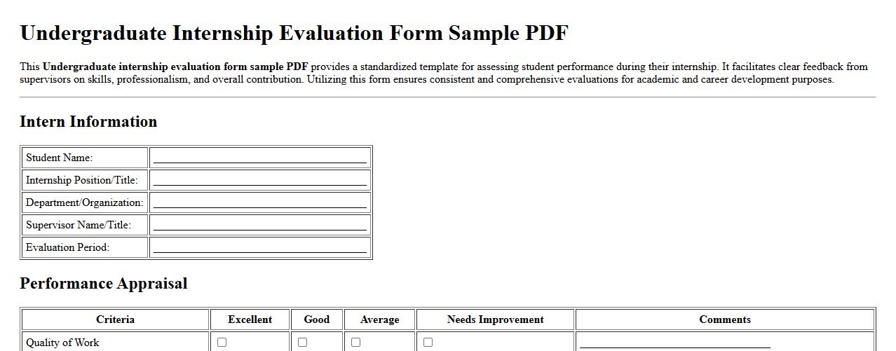 Undergraduate internship evaluation form sample PDF image preview