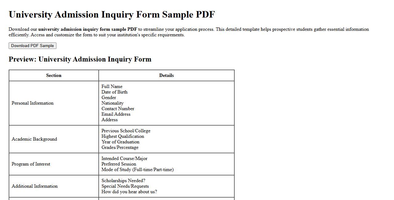 university admission inquiry form sample pdf image preview