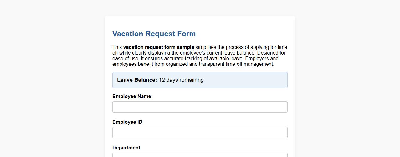Vacation request form sample including leave balance image preview
