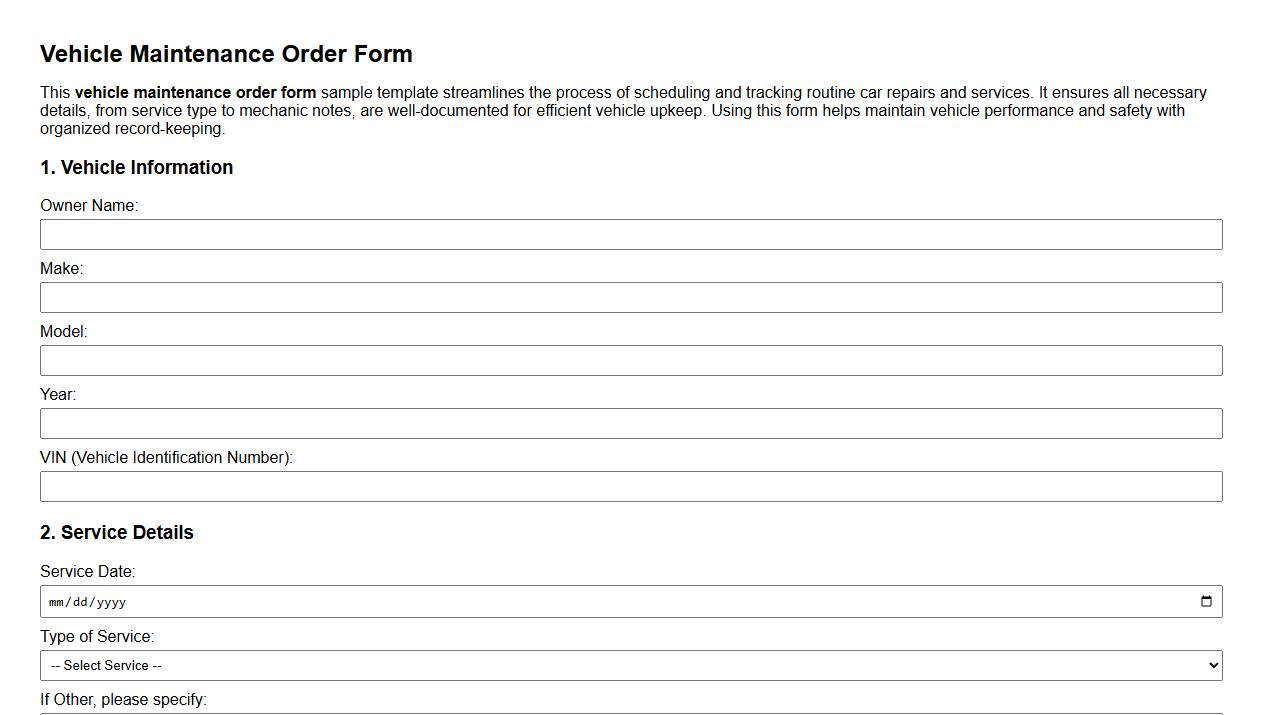 Vehicle maintenance order form sample template image preview