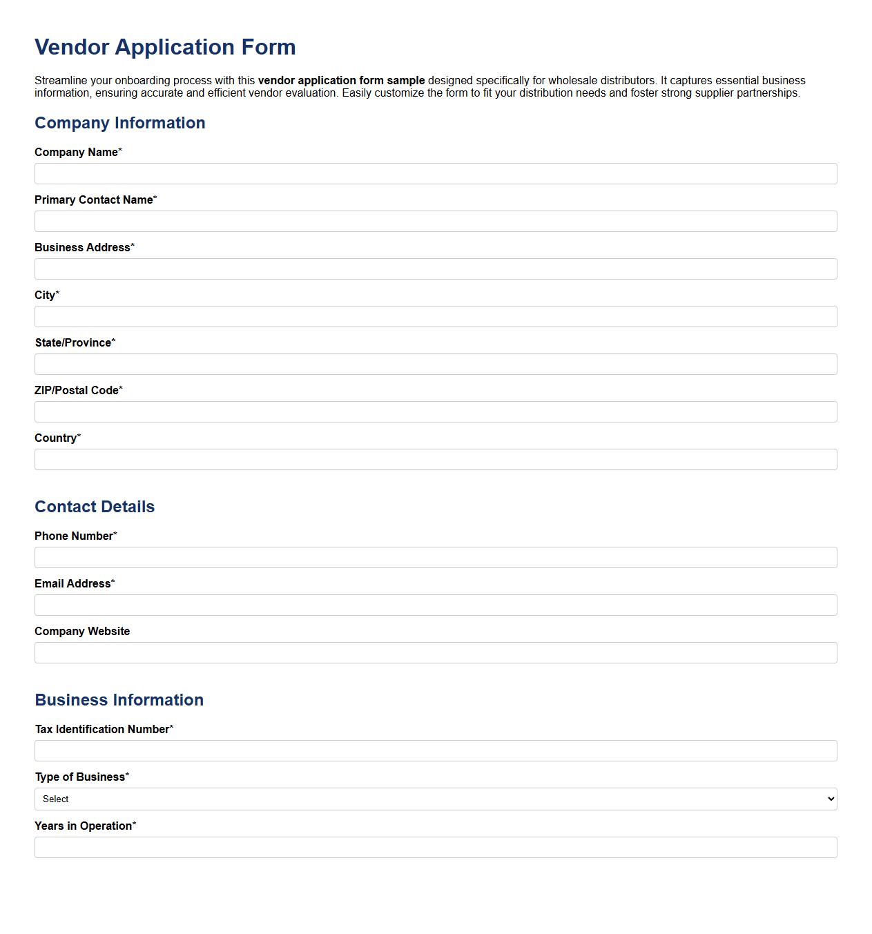 vendor application form sample for wholesale distributors image preview