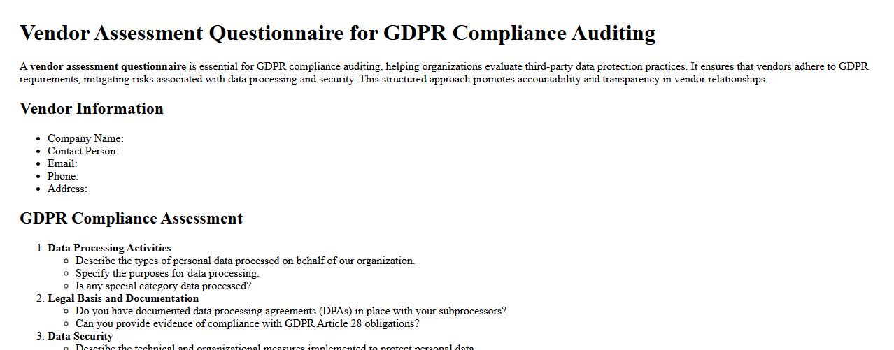 vendor assessment questionnaire for GDPR compliance auditing image preview