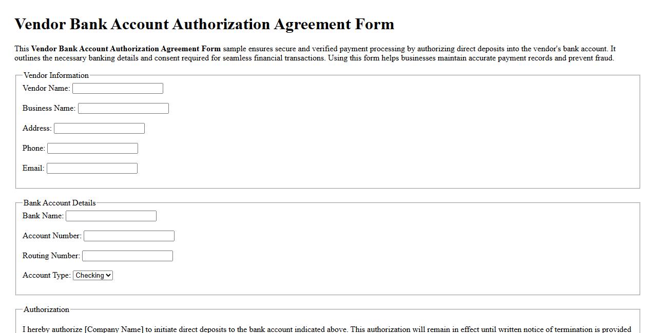 Vendor bank account authorization agreement form sample image preview