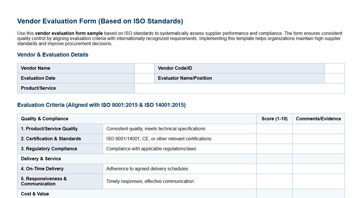 vendor evaluation form sample based on ISO standards image preview