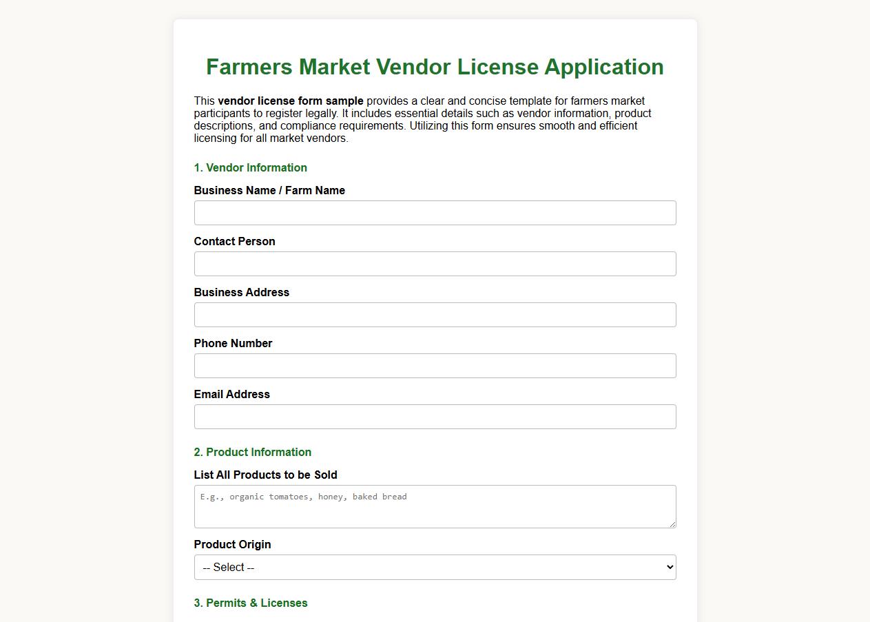 vendor license form sample for farmers market image preview