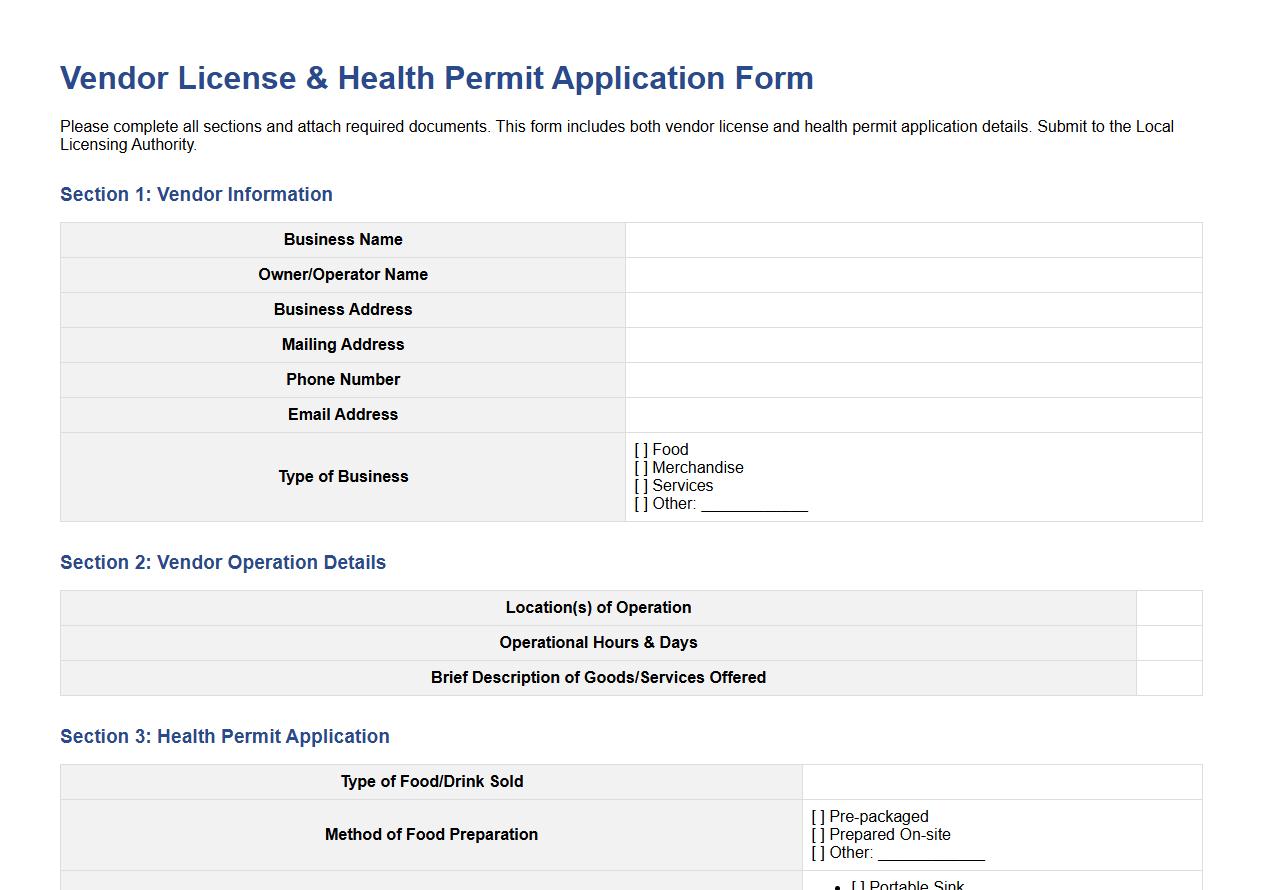 vendor license form sample including health permit image preview