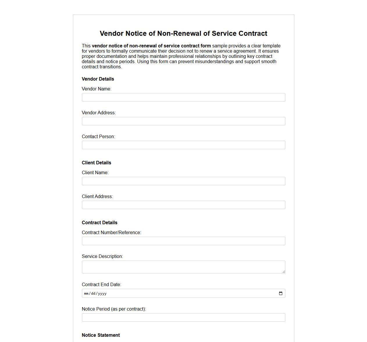 vendor notice of non-renewal of service contract form sample image preview
