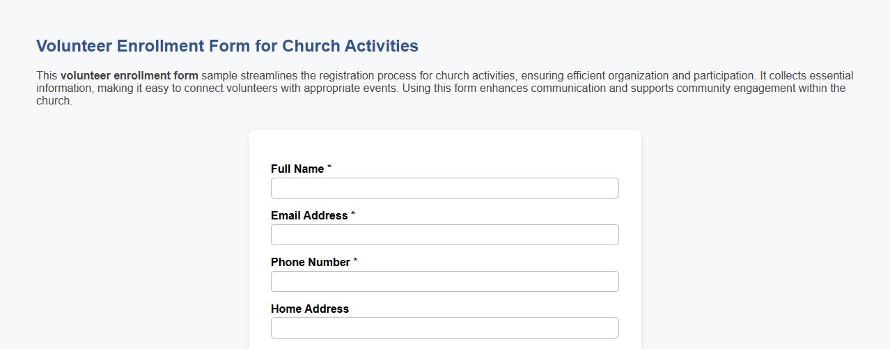 Volunteer enrollment form sample for church activities image preview