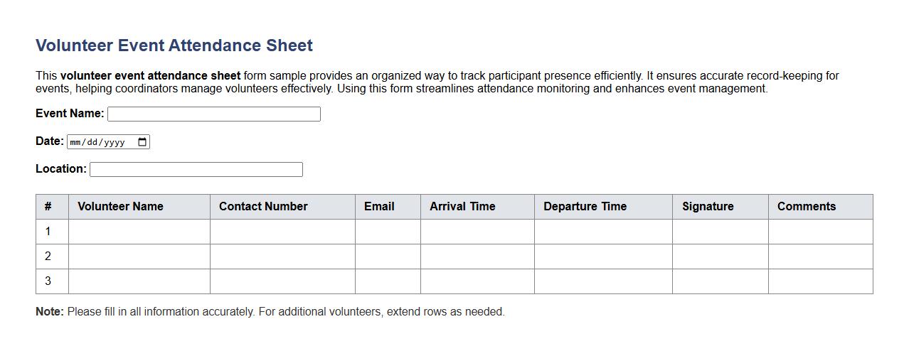 Volunteer event attendance sheet form sample image preview
