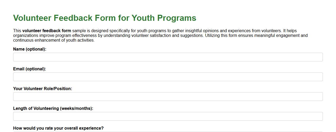 Volunteer feedback form sample for youth programs image preview