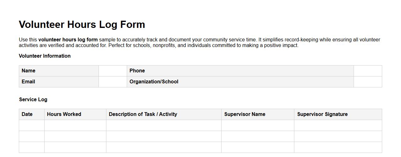 Volunteer hours log form sample for community service image preview