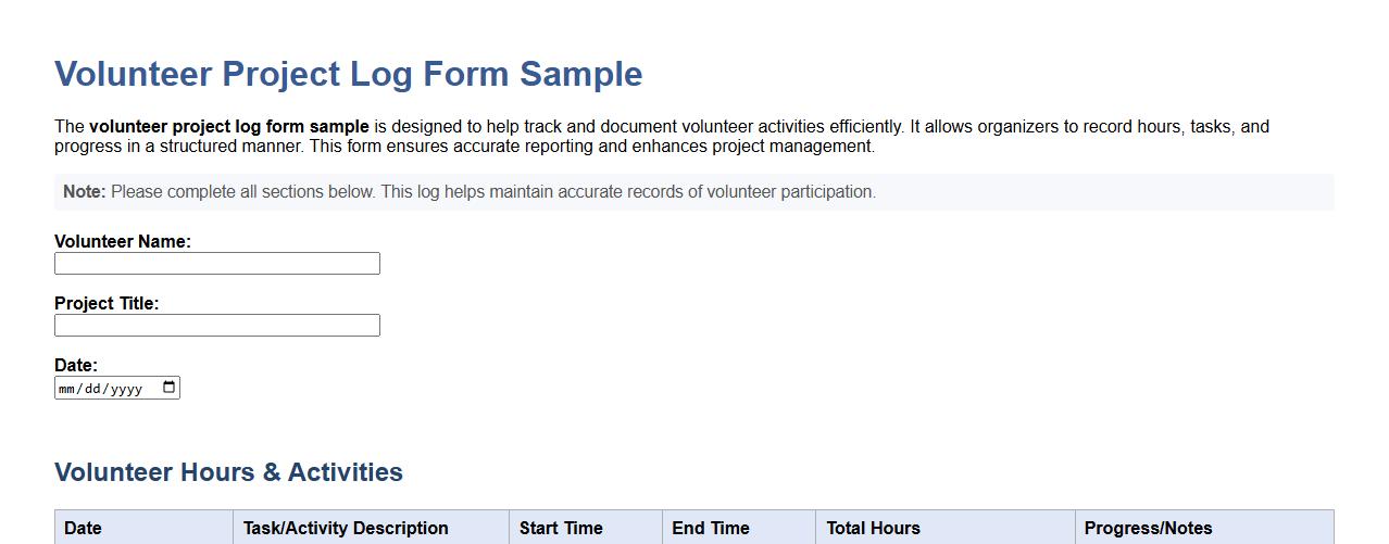 Volunteer project log form sample image preview