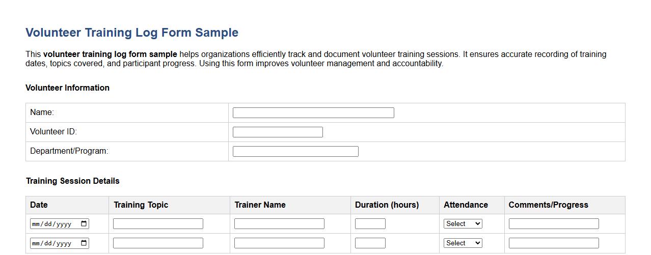 volunteer training log form sample image preview
