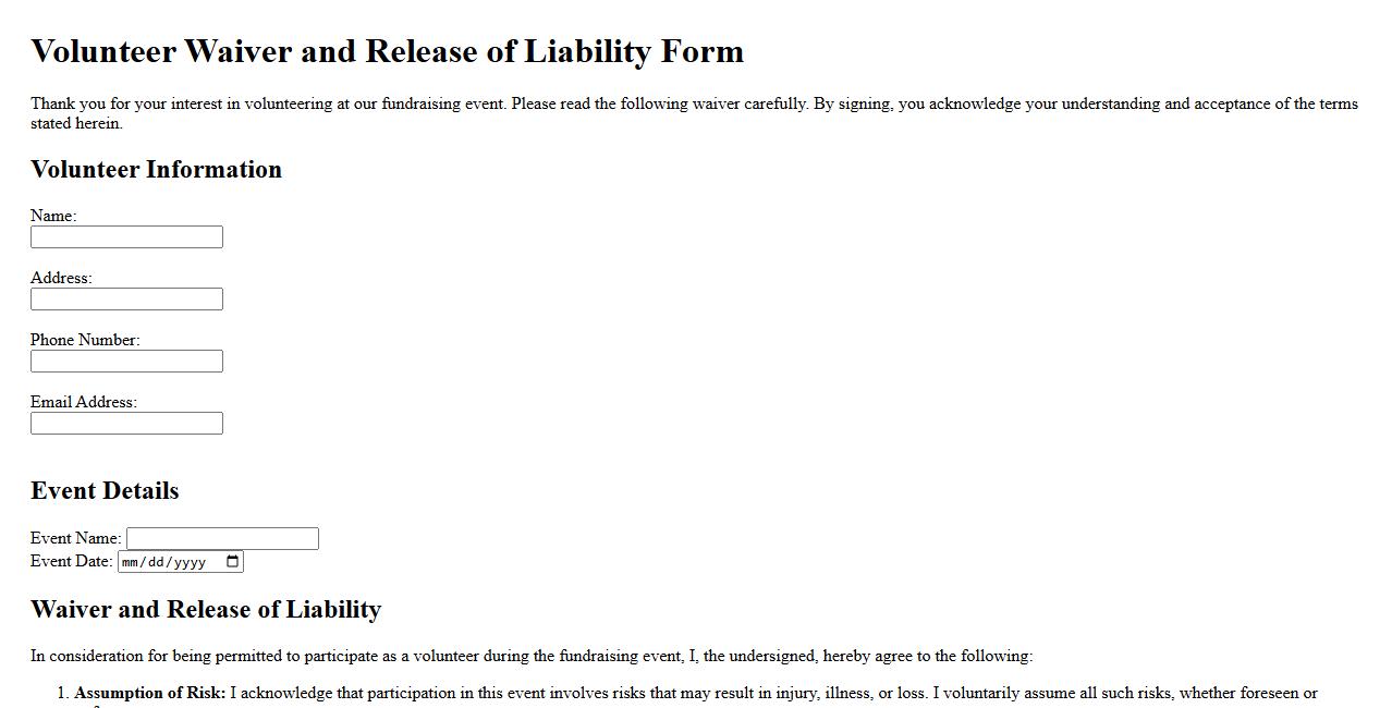 volunteer waiver form sample for fundraising events with liability clause image preview
