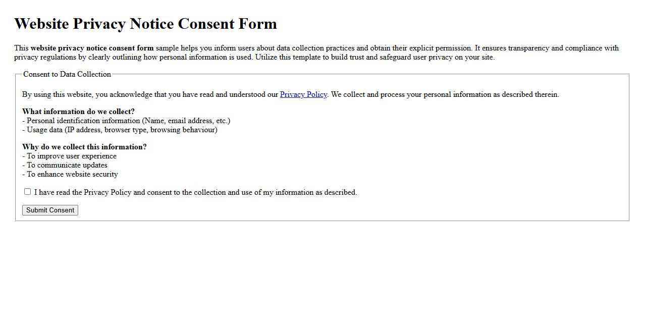 Website privacy notice consent form sample image preview