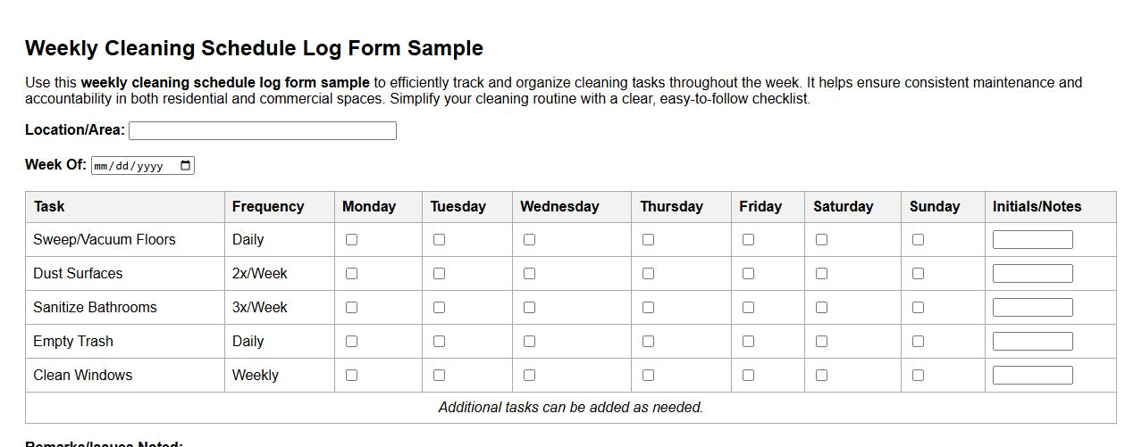 weekly cleaning schedule log form sample image preview