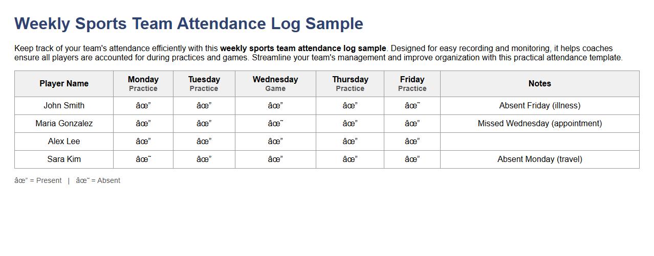 Weekly sports team attendance log sample image preview