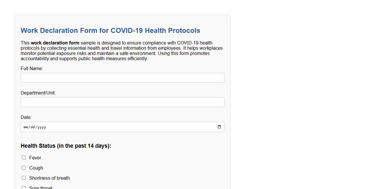 Work declaration form sample for COVID-19 health protocols image preview