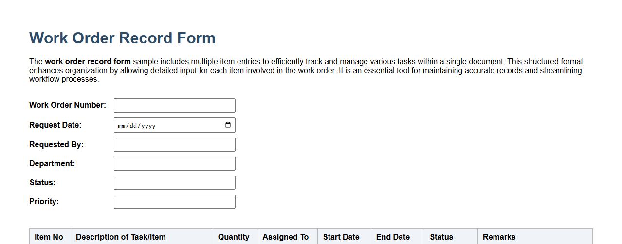 work order record form sample with multiple item entries image preview