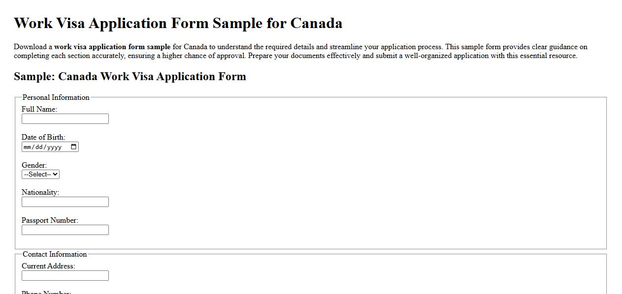 Work visa application form sample for Canada image preview