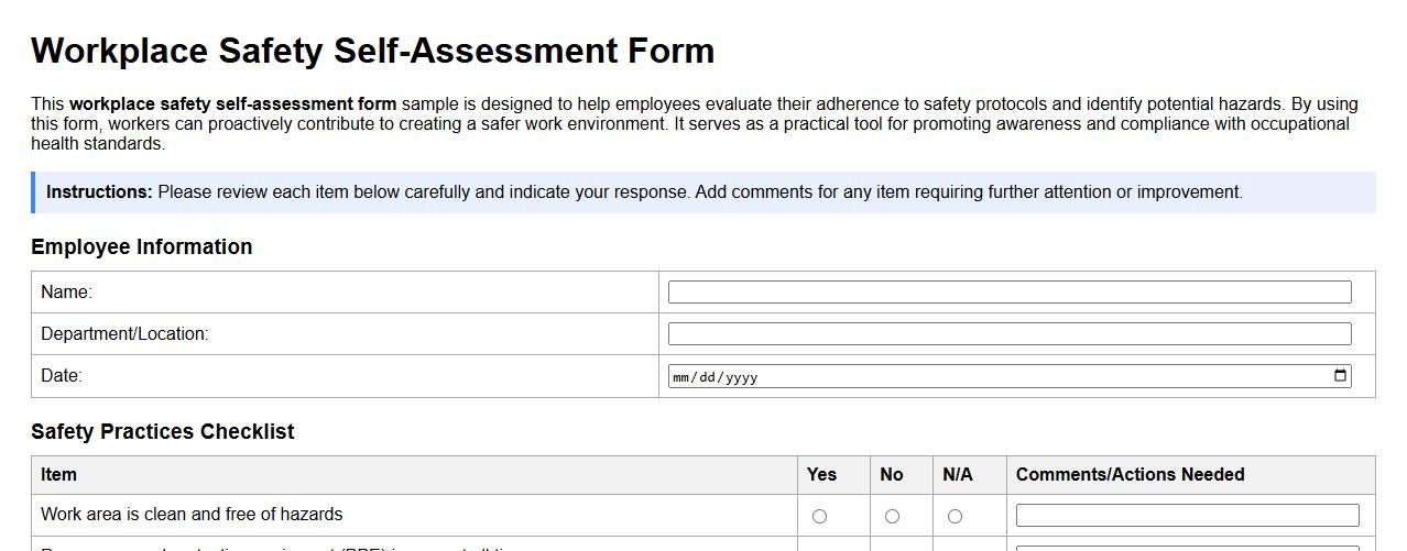 workplace safety self-assessment form sample for employees image preview