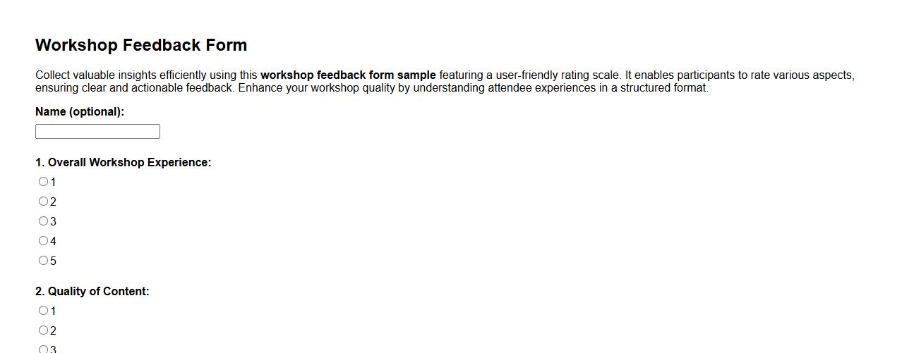 Workshop feedback form sample with rating scale image preview