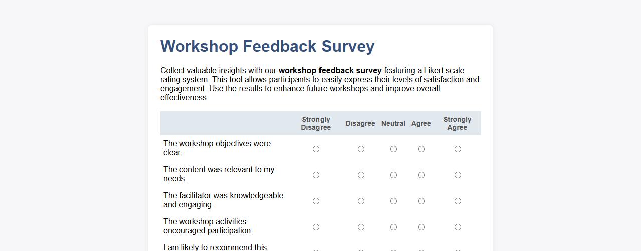 Workshop feedback survey with Likert scale rating image preview