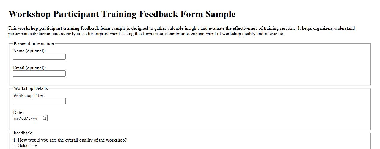 Workshop participant training feedback form sample image preview