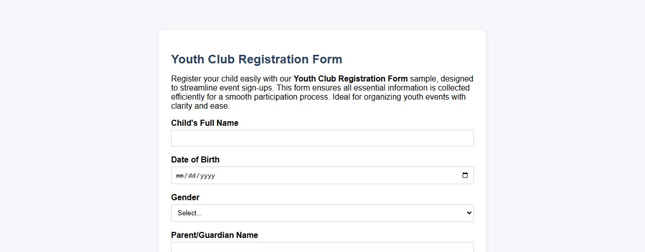 Youth club registration form sample for events image preview